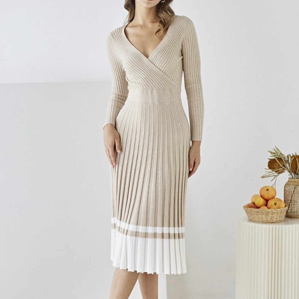 NEW Soft Knit Contrast Hem Wrap Midi Dress in Camel (S-M)